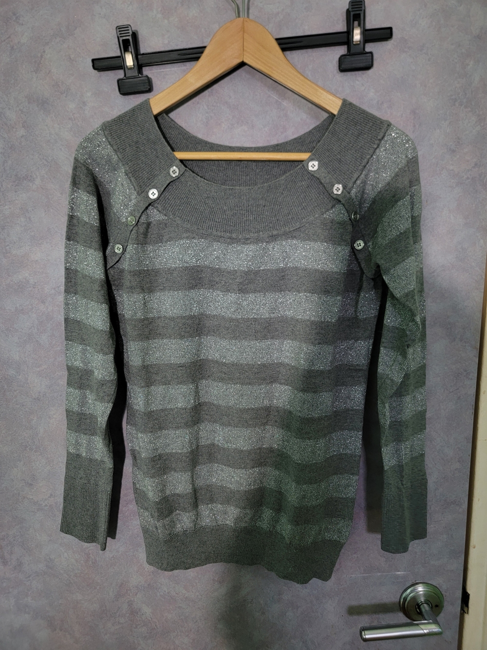 Cache Gray Striped Metallic Button-Shoulder Sweater